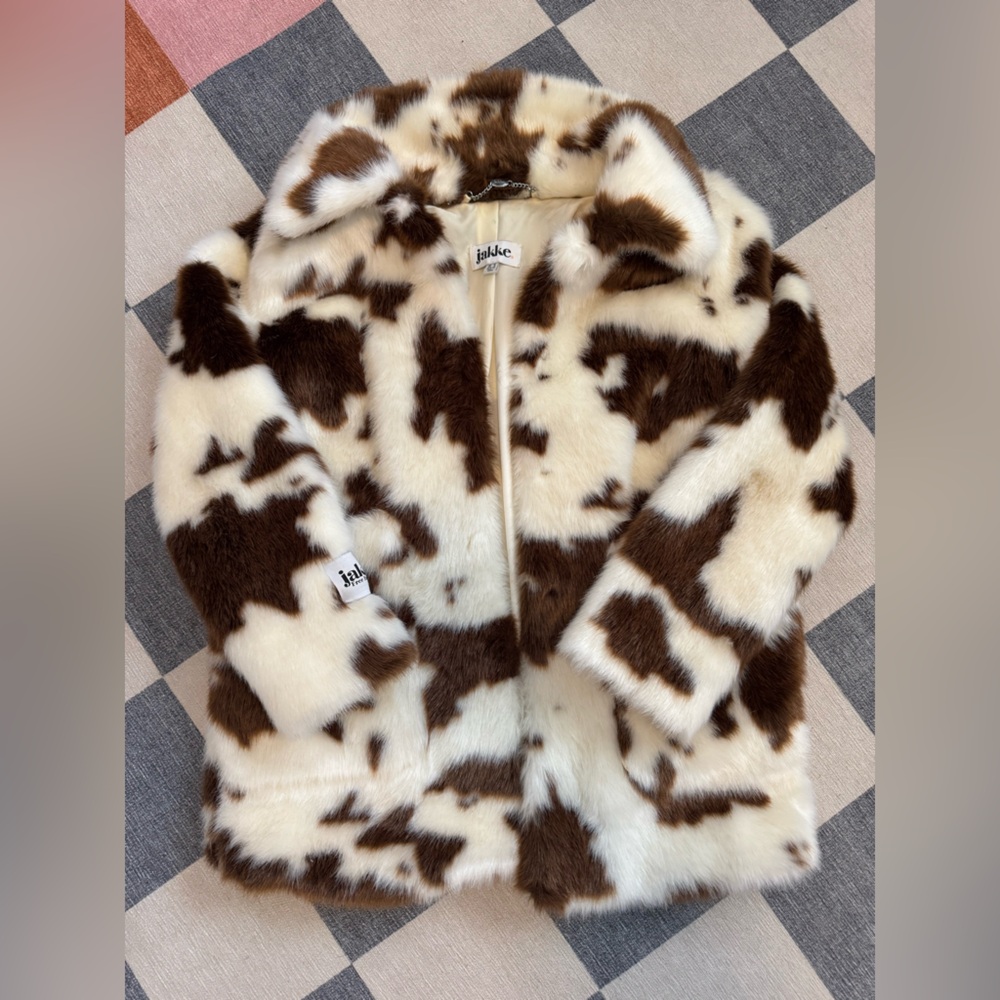 🐮 Jakke Tammy Cow Print Faux Fur Coat size M - Picture 4 of 7